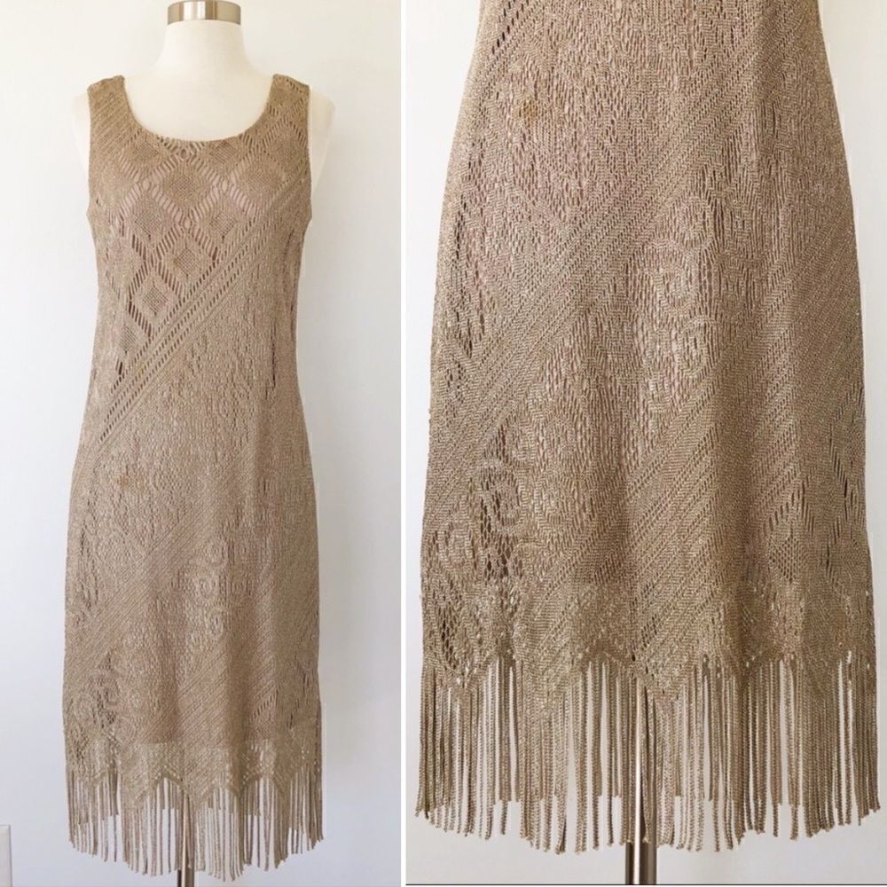 Vintage 70s 80s Fringe Crochet Sheath Midi Dress